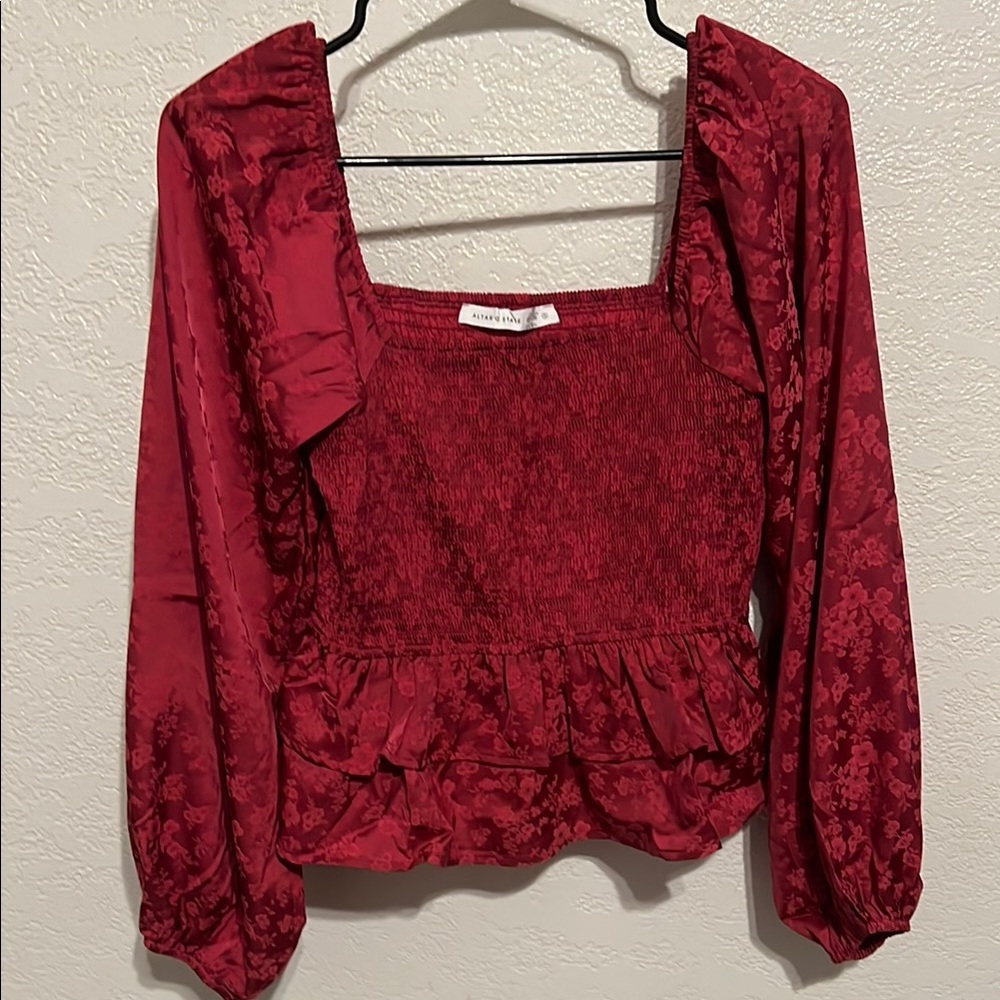Altar'd State Red Floral Smocked Peplum Blouse